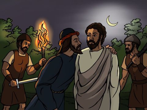 While Jesus was still talking, Judas, one of His twelve disciples, suddenly appeared. There was a crowd with Him who were armed with swords and clubs. <br/>Earlier, Judas had said to them, ‘The person that I kiss on the cheek, He is the one that you are wanting, arrest Him.’ Now Judas went straight to Jesus and said, ‘Rabbi!’ And he kissed Jesus on the cheek. Then the others took hold of Jesus and arrested Him. – Slide 7