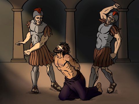 Some of the people started to spit on Jesus. They blindfolded Him and beat Him, saying, ‘If you are really a prophet, tell us, who hit you?’ Then the guards took Jesus and were slapping Him. – Slide 10