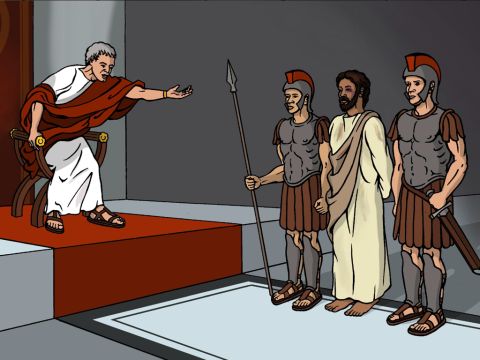 Pilate asked him, ‘So, are you the king of the Jews?” <br/>Jesus replied, ‘That’s what you have said.’ <br/>And the chief priests accused Jesus of many things. <br/>Pilate asked again, ‘Why don’t you respond to what they are saying? Hear all the things that they are accusing you of.’ <br/>But Jesus kept silent and didn’t answer, and Pilate was amazed. – Slide 12