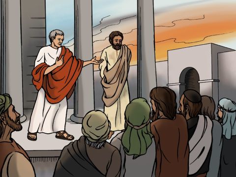 Pilate took Jesus out to the crowd, and they shouted, ‘Crucify Him!’ <br/>And Pilate asked them, ‘Why? What crime has he committed?’ <br/>But they kept shouting, ‘Crucify Him!’ – Slide 13