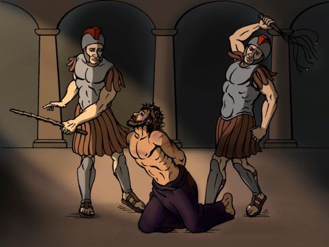 Then the soldiers took Jesus away and made fun of Him, saying, ‘Bless the king of the Jews!’ They hit His head with a stick and spat on Him while pretending that they were worshipping Him. – Slide 14