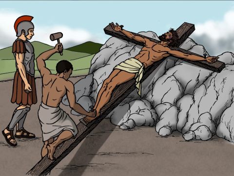 When they finished ridiculing Jesus, they took Him to a place called Golgotha. They nailed Him to a cross and attached a sign with the reason that He was being crucified. It said, ‘The king of the Jews.’ – Slide 15