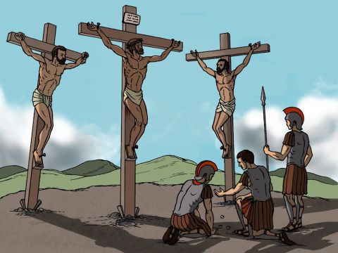 Two robbers were also being crucified. One was on the cross to the right of Jesus and the other was on His left. – Slide 16