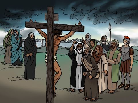 The chief priests and the teachers of the law made fun of Jesus, saying, ‘He only healed other people, but He can’t save himself. He should come down from the cross right now. Then we will see and believe.’ <br/>At three o’clock, Jesus cried out, ‘Eloi, eloi, lema sabachthani?’ which means, ‘My God, my God, why have you abandoned me?’ <br/>Then Jesus gave a loud shout and took His last breath and died. – Slide 17