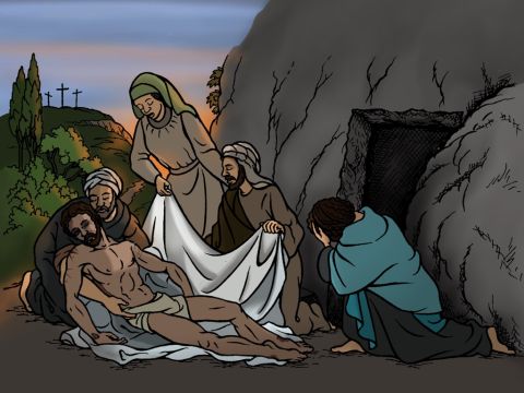 Joseph, a man from Arimathea, took Jesus’ body down from the cross. He wrapped the body in a linen cloth and put Jesus in a tomb that had been dug out of rock. Then he rolled a large stone in front of the entrance. – Slide 18