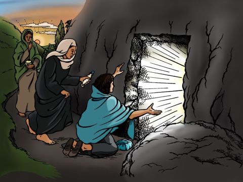 On Sunday morning, Mary Magdalene, Salome, and Mary the mother of James, went to the tomb and saw that the large stone had been rolled away from the entrance. – Slide 19