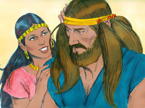 So Delilah asked Samson, ‘Please tell me what makes you so strong and what it would take to tie you up securely.’Samson replied, ‘If I were tied up with seven new bowstrings, I would become as weak as anyone else.’ – Slide 4