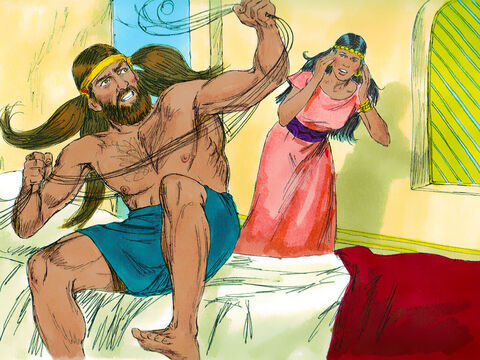 The Philistine rulers brought Delilah seven new bowstrings, and she tied Samson up with them. She also hid men in one of the inner rooms of her house. Then she cried out, ‘Samson! The Philistines have come to capture you!’ But Samson snapped the bowstrings as string snaps when it is burned by a fire. – Slide 5