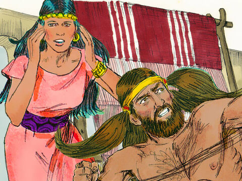 As Samson slept, Delilah wove his hair into her loom but again Samson broke free. – Slide 9