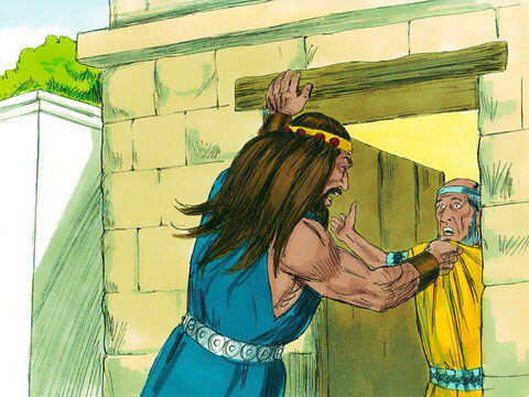 Samson left his wedding celebrations to return to his parents. Later on, during the wheat harvest, Samson took a present of a young goat to his wife. Her father would not let Samson in and explained as he thought Samson hated her he had given her in marriage to his best man. He offered to give Samson another of his daughters in marriage instead. A furious Samson replied, ‘I cannot be blamed for everything I am going to do to you Philistines.’ – Slide 1