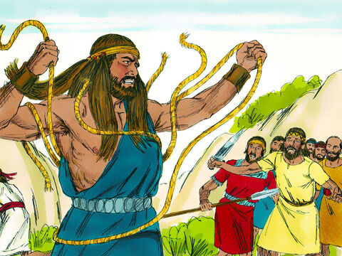 As Samson arrived at Lehi, the Philistines shouted in triumph. But the Spirit of the Lord made Samson so powerful he snapped the ropes on his arms as if they were burnt strands of flax, and they fell from his wrists. – Slide 11