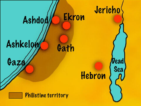 God allowed them to be subject for 40 years to the Philistines who lived along the southern coast and had five large cities, Gaza, Ashkelon, Gath, Ekron, and Ashdod. – Slide 2
