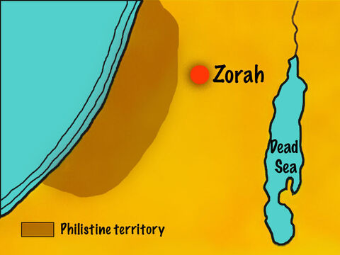 Near the Philistine territory, in the town of Zorah, lived a man called Manoah and his wife. They had not been able to have children. – Slide 3