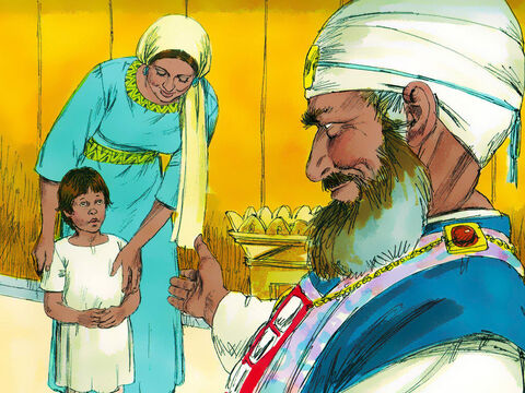 When Samuel was old enough Hannah kept her promise and came to the Tabernacle to give her boy to God and be trained to serve Him. ‘I asked the Lord to give me this boy,’ she declared. ‘God has answered my prayer. Now I am giving him to the Lord and he will belong to Him his whole life.’ – Slide 12