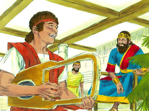David served King Saul by playing his harp when the King was tormented by evil. Saul, at first, liked him very much and chose him as the man to carry his weapons. – Slide 14