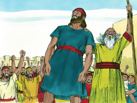 They ran and brought him out. He stood a head taller than everyone else. Samuel announced, ‘Do you see the man the Lord has chosen? There is no-one else like him.’ Then the people shouted, ‘Long live the king!’ Samuel explained the rights and duties of kingship to everyone and wrote them down on a scroll. The people then went home but not everyone was pleased. Some muttered, ‘How can this man help us?’ They despised Saul and would not bring him gifts. – Slide 18