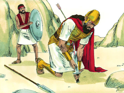 Saul was badly wounded by an arrow. Not wanting to be captured, he asked his amour bearer to kill him. But the amour bearer refused. So Saul killed himself by falling on his own sword. – Slide 11