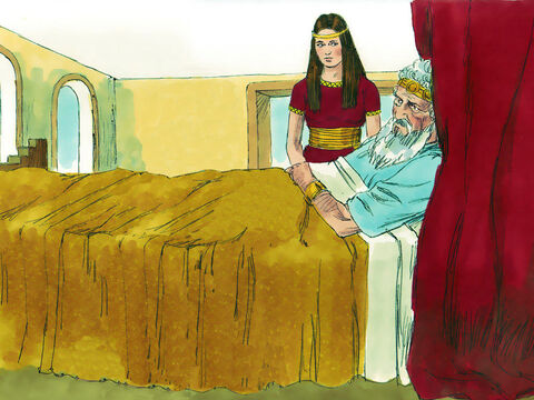 When King David was old and weak a carer called Abishag was chosen to look after him. David had many sons by several wives but had promised Bathsheba, the mother of Solomon, that her son would succeed him as king. – Slide 1