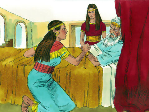 So Bathsheba went to see the aged king and bowed down before him. She told David that Adonijah had declared himself King and Joab and others were supporting him. She pleaded with him to let Israel know who David had chosen to be king. Nathan then arrived to confirm the plot to David. – Slide 6