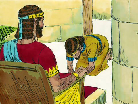King Solomon sent men to bring Adonijah down from the altar. Adonijah bowed down before King Solomon, who told him, ‘Go to your home.’ – Slide 12