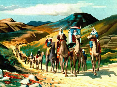 ... so she travelled a thousand miles across the harsh desert, followed by camels bearing gifts for the king – gold, spices and jewels. – Slide 23