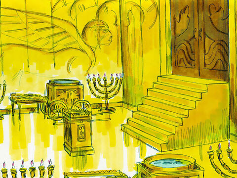 The inner sanctuary was overlaid inside with pure gold. The floors of the inner and outer room were also covered with gold. Gold was used to create the altar, the table for bread, the lampstands and other furnishings. – Slide 7
