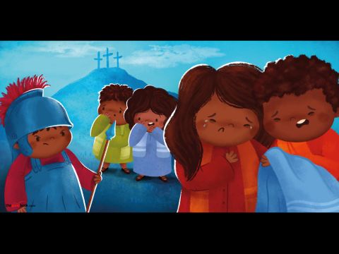 They put King Jesus on a cross to die. <br/>Jesus’ friends were very SCARED. <br/>Jesus died. <br/>His friends CRIED. – Slide 4