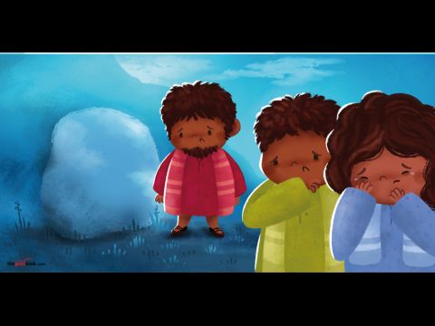 They buried Jesus in a rock tomb and put a big heavy stone over the door. <br/>Jesus’ friends were so so SAD. – Slide 5