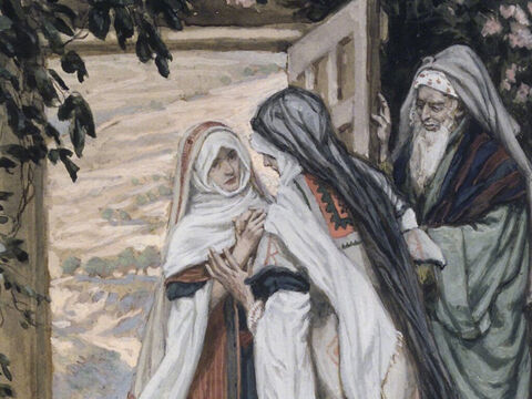 Mary went to visit Zechariah and Elizabeth in the hill country of Judea. She entered the house and greeted Elizabeth.  At that moment, Elizabeth’s child leaped within her, and Elizabeth, filled with the Holy Spirit, exclaimed, ‘God has blessed you above all women, and your child is blessed. Why am I so honoured, that the mother of my Lord should visit me? <br/>(Luke 1:39-44). <br/>The Visitation - James Tissot - Brooklyn Museum – Slide 11