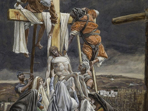 Joseph and Nicodemus took Jesus’ body down from the cross. <br/>(John 19:40). <br/>The Descent from the Cross Jesus – James Tissot – Brooklyn Museum. – Slide 4