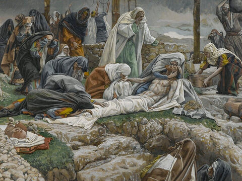 They wrapped the body of Jesus in a clean linen cloth. <br/>(John 19:40). <br/>Mary Receives the Body of Jesus – James Tissot – Brooklyn Museum. – Slide 5