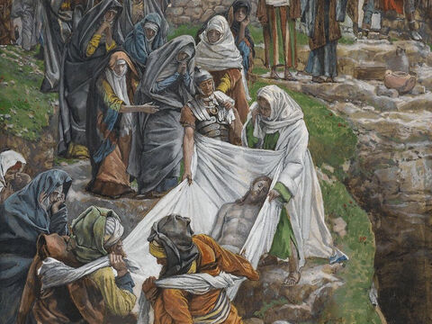 The spices brought by Nicodemus were packed inside the linen and around the body of Jesus. <br/>(John 19:40). <br/>The Body of Jesus Carried to the Anointing Stone – James Tissot – Brooklyn Museum. – Slide 6