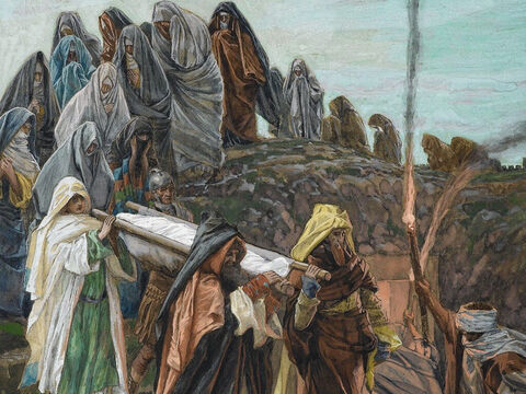 At the place where Jesus was crucified, there was a garden, and in the garden a new tomb belonging to Joseph, in which no one had ever been laid. The body of Jesus was carried to this tomb and laid inside it. <br/>(John 19:41). <br/>Jesus Carried to the Tomb – James Tissot – Brooklyn Museum. – Slide 8