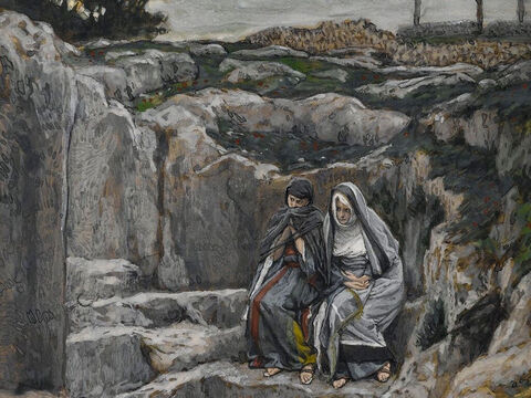 The women who had come with Jesus from Galilee followed Joseph and saw the tomb and how Jesus’ body was laid in it. Then they went home and prepared spices and perfumes. They rested on the Sabbath in obedience to the commandment. <br/>Joseph rolled a large stone against the entrance of the tomb. <br/>(Luke 23:55-56, Mark 15:46). <br/>The Two Marys Watch the Tomb – James Tissot – Brooklyn Museum. – Slide 10