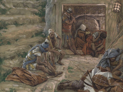 The next day the chief priests and the Pharisees went to Pilate. ‘Sir,’ they said, ‘when Jesus was alive that deceiver said, “After three days I will rise again.” So give the order for the tomb to be made secure until the third day. Otherwise, His disciples may steal the body and then tell people that He has been raised from the dead. This last deception will be worse than the first. ‘Take a guard and make the tomb secure,’ Pilate answered. So they went and put a seal on the stone and posted a guard. <br/>(Matthew 27:62-66). <br/>The Watch Over the Tomb – James Tissot – Brooklyn Museum. – Slide 11