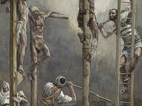 The next day was to be a special Sabbath. As the Jewish leaders did not want the bodies left on the crosses during the Sabbath, they asked Pilate to have the legs broken and the bodies taken down. The soldiers broke the legs of the first man who had been crucified with Jesus, and then those of the other. <br/>(John 19:31-32). <br/>The Thieves Legs Are Broken - James Tissot - Brooklyn Museum. – Slide 9
