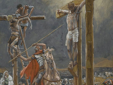 But when they came to Jesus and saw that He was already dead, they did not break His legs.  Instead, one of the soldiers pierced Jesus’ side with a spear, bringing a sudden flow of blood and water. <br/>These things happened so that the scripture would be fulfilled: ‘Not one of his bones will be broken,’ (Exodus 12:46; Numbers 9:12; Psalm 34:20) and, as another scripture says, ‘They will look on the one they have pierced’ (Zechariah 12:10). <br/>(John 19:34-37). <br/>The Strike of the Lance - James Tissot - Brooklyn Museum. – Slide 10