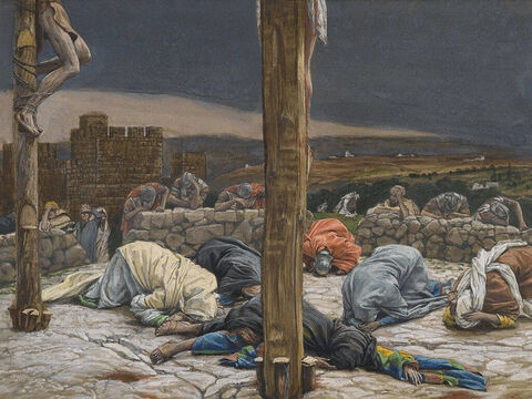 At that moment the curtain of the temple was torn in two from top to bottom. The earth shook, the rocks split and the tombs broke open. <br/>(Matthew 27:51). <br/>The Earthquake - James Tissot - Brooklyn Museum. – Slide 11