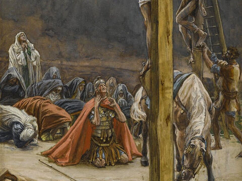 Those who had gathered to witness this sight saw what took place and beat their breasts then went away. <br/>(Matthew 7:54, Luke 23:48). <br/>The Confession of Longinus - James Tissot - Brooklyn Museum. – Slide 15