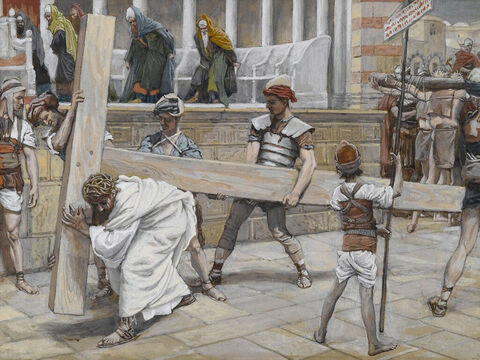 After Pilate had sentenced Jesus to be crucified he gave Him over to Roman soldiers to carry out the sentence. He was to carry his own cross. <br/>(John 19:16-17). <br/>Jesus Bearing the Cross - James Tissot - Brooklyn Museum. – Slide 1