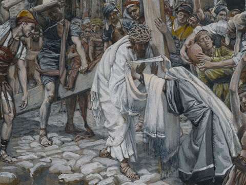 A large crowd trailed behind, including many grief-stricken women. <br/>(Luke 23:27). <br/>A Woman Wipes the Face of Jesus - James Tissot - Brooklyn Museum. – Slide 2
