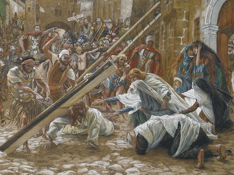 Jesus was in a very weak condition and oral tradition has it that He fell while carrying the cross. <br/>(This is not mentioned in the Bible). <br/>Jesus Meets His Mother - James Tissot - Brooklyn Museum. – Slide 4