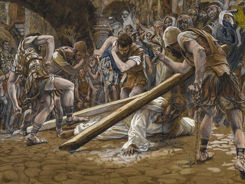 Oral tradition also has it that Jesus may have fallen more than once. <br/>(This is not mentioned in the Bible). <br/>Jesus Falls Beneath the Cross - James Tissot - Brooklyn Museum. – Slide 5