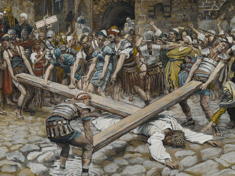 The Roman soldiers forced Simon of Cyrene to carry the cross of Jesus behind Him. <br/>(Matthew 27:32, Mark 15:21). <br/>Simon the Cyrenian Compelled to Carry the Cross with Jesus  - James Tissot - Brooklyn Museum. – Slide 6