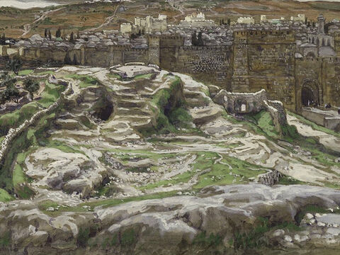 They brought Jesus to a place called Golgotha which means ‘Place of the Skull’. <br/>(Mark 15:22) <br/>Reconstruction of Golgotha and the Holy Sepulchre  - James Tissot - Brooklyn Museum. – Slide 8