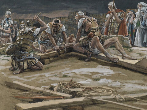 The Roman soldiers nailed Jesus’ hands to the cross. <br/>(Luke 23:32). <br/>The First Nail - James Tissot - Brooklyn Museum. – Slide 12