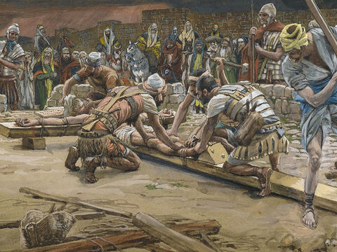 They nailed His feet to the cross. <br/>(Luke 23:32). <br/>The Nail for the Feet - James Tissot - Brooklyn Museum. – Slide 13