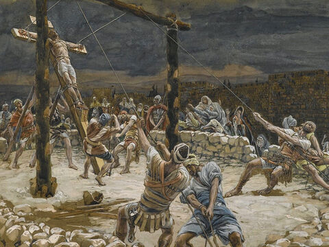 Jesus was crucified with two criminals, one to His left the other to His right. <br/>(Matthew 27:38). <br/>The Raising of the Cross - James Tissot - Brooklyn Museum. – Slide 15