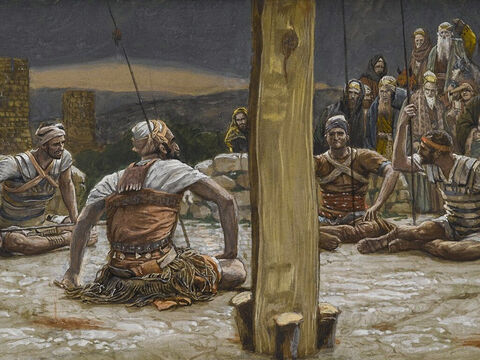 Then the soldiers sat around and kept guard as Jesus hung there. <br/>(Matthew 27:24). <br/>The Four Guards Sat Down and Watched Him - James Tissot - Brooklyn Museum. – Slide 18