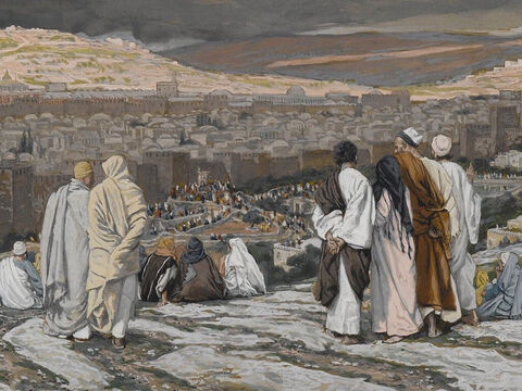 The people passing by shouted abuse, shaking their heads in mockery. <br/>(Matthew 27:39). <br/>The Disciples Having Left Their Hiding Place Watch from Afar in Agony - James Tissot - Brooklyn Museum. – Slide 19